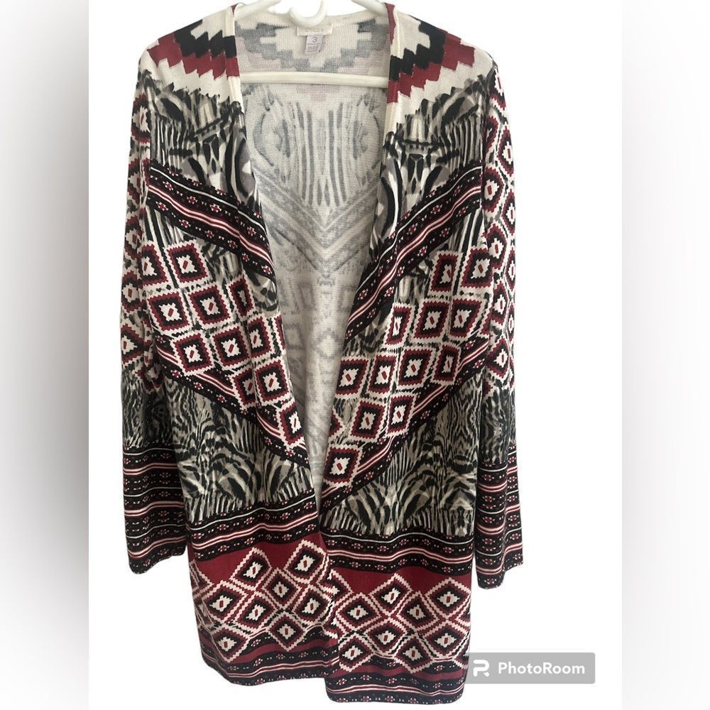 Chicos women’s open front red white black Aztec print long cardigan